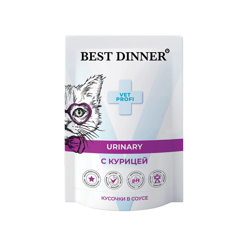 Лечебный Влажный Корм Best Dinner (Бест Диннер) Для Кошек При МКБ Курица Кусочки в Соусе Exclusive Urinary 85г 7447
