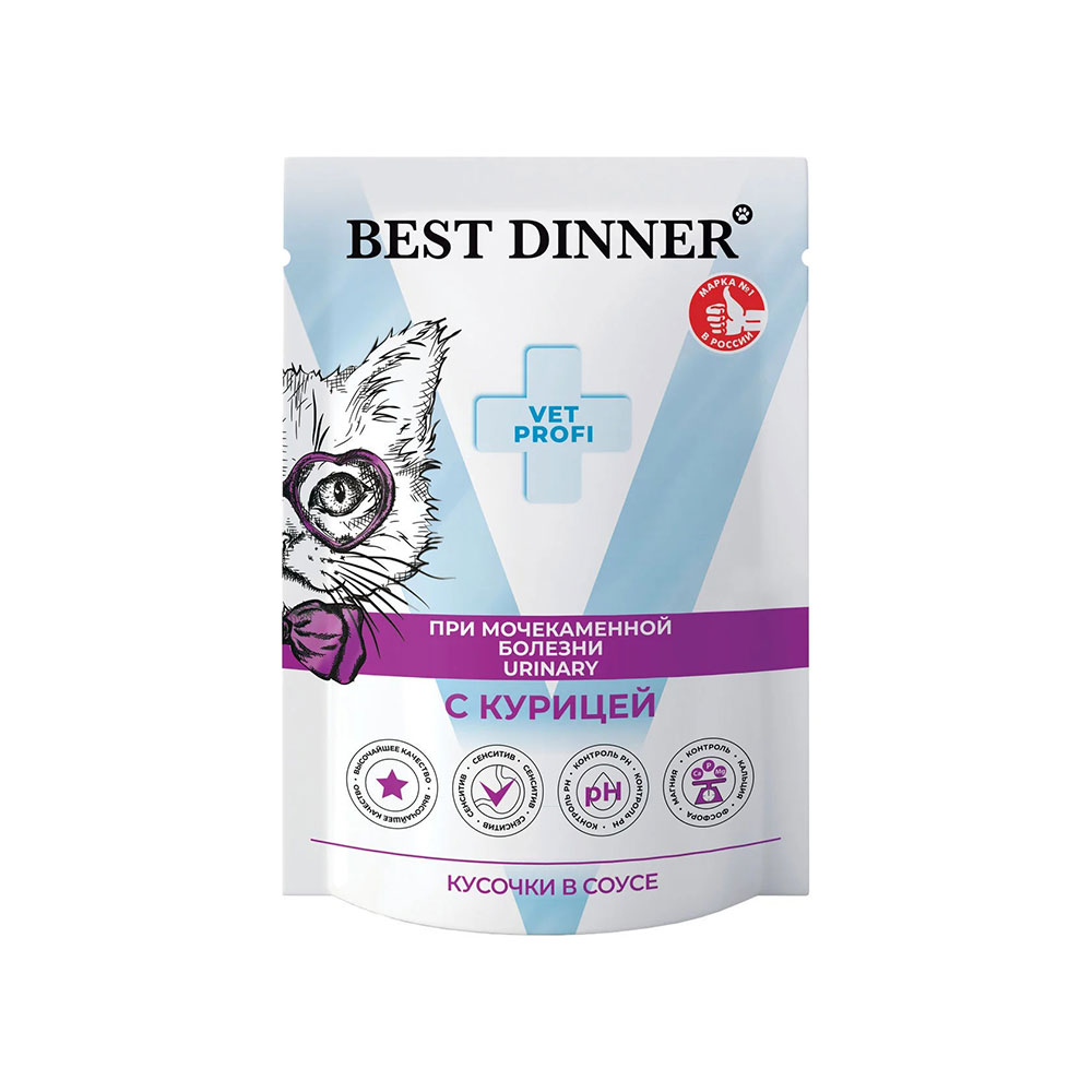 Лечебный Влажный Корм Best Dinner (Бест Диннер) Vet Profi Urinary Для Кошек При Мочекаменной Болезни Курица Кусочки в Соусе Exclusive 85г 7447