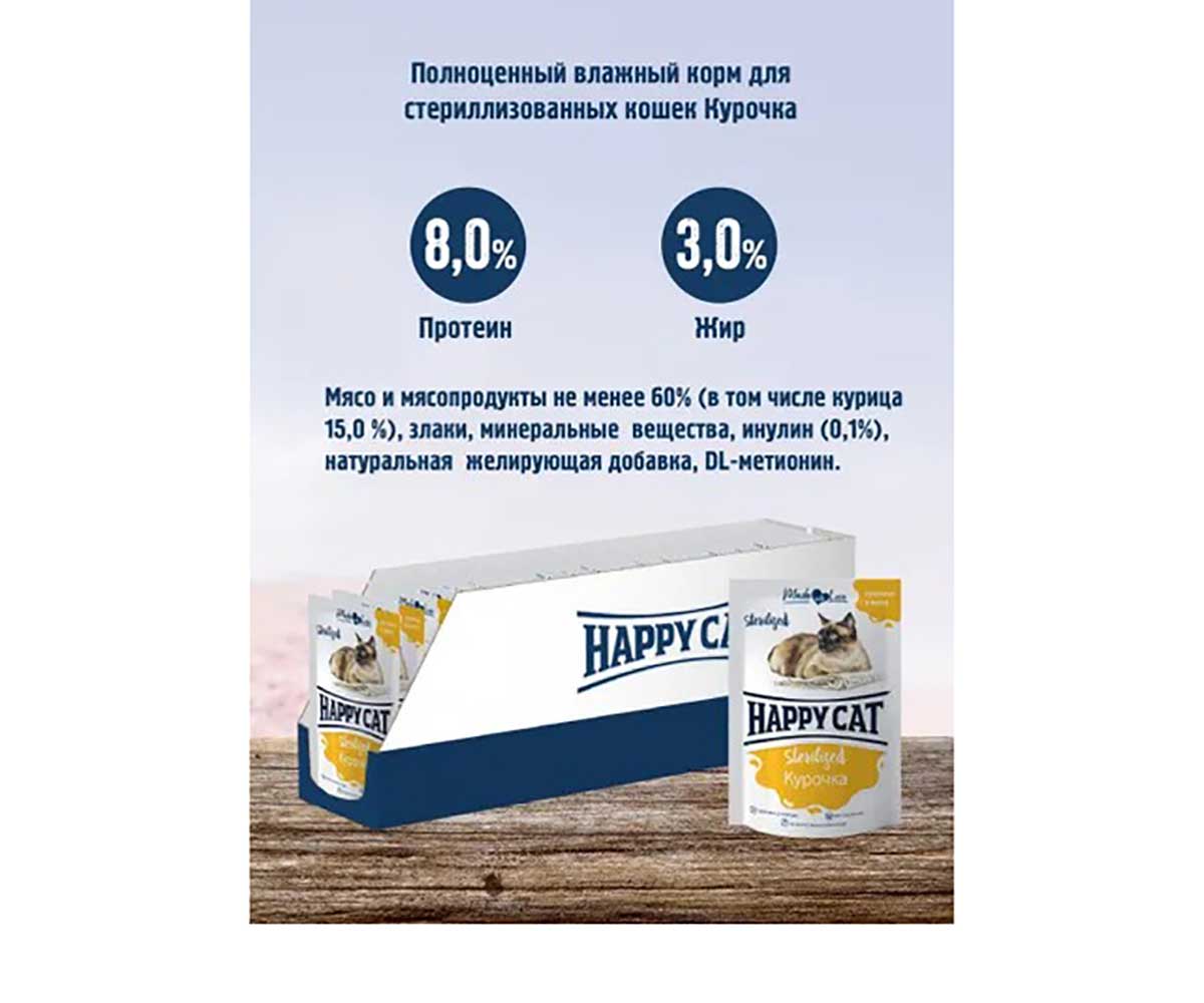 Влажный Корм Happy Cat (Хэппи Кэт) Для Стерилизованных Кошек Курица Кусочки в Желе 85г 7504218