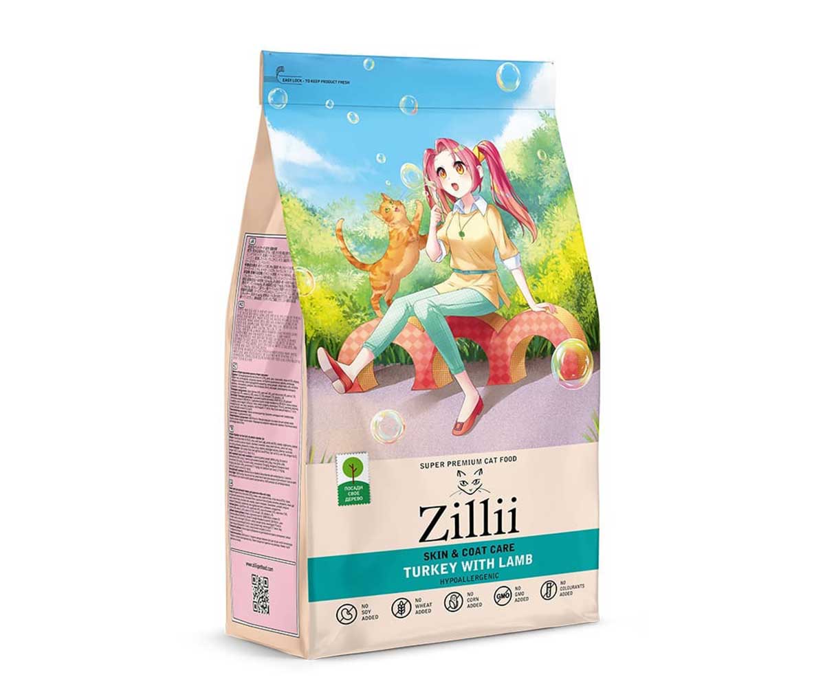 Сухой Корм Zillii (Зиллии) Для Кошек с Чувствительной Кожей и Шерстью Индейка и Ягненок Skin & Coat Care 400г 5658190