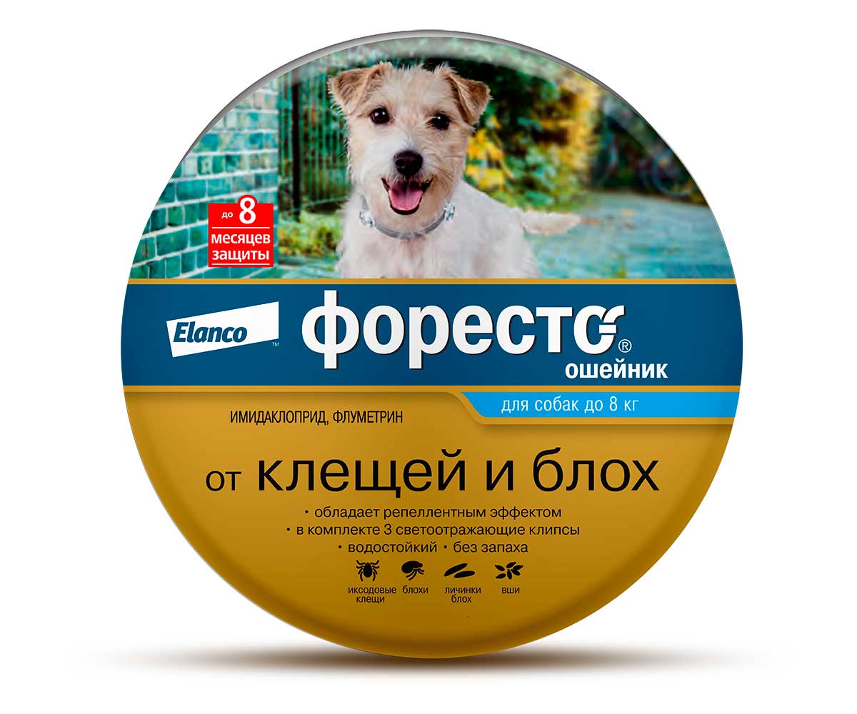 Форесто Ошейник  От Клещей Блох Для Собак До 8кг Защита 8 Мес 38см Foresto S/M Elanco (Эланко)