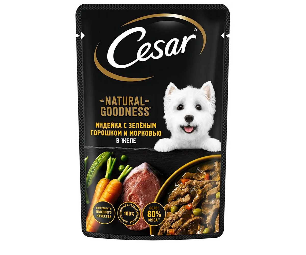 Влажный Корм Cesar (Цезарь) Для Собак Индейка, Горох и Морковь в  Желе 80г (1*28)
