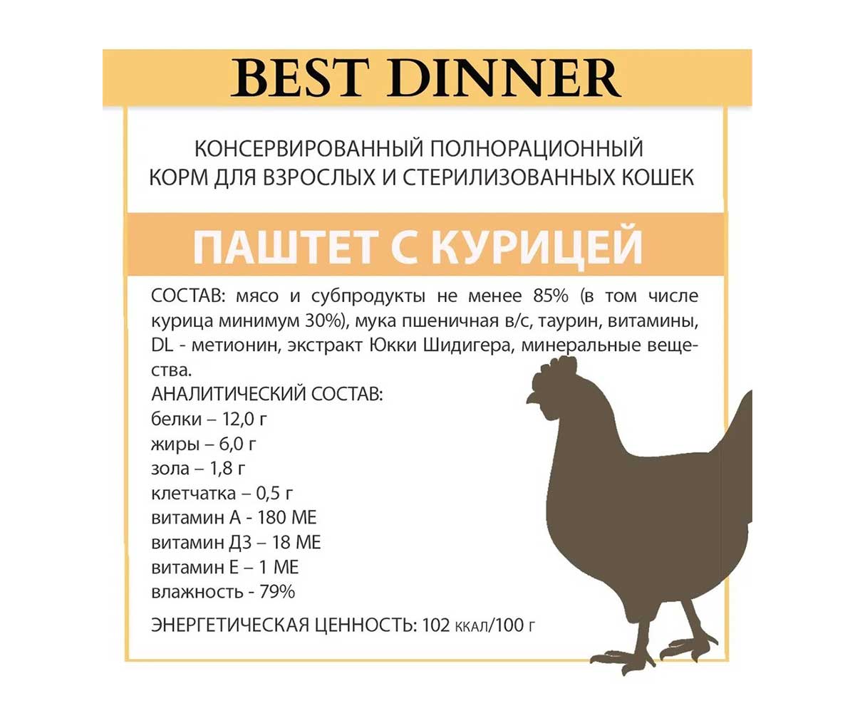 Консервы Best Dinner (Бест Диннер) Для Стерилизованных Кошек Курица Паштет 100г 7453