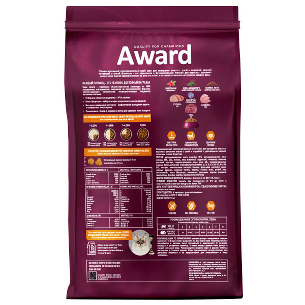Сухой Корм Award (Эвард) Hairbal & Indor Для Домашних Кошек Для Вывода Шерсти Утка и Идейка 1,5кг