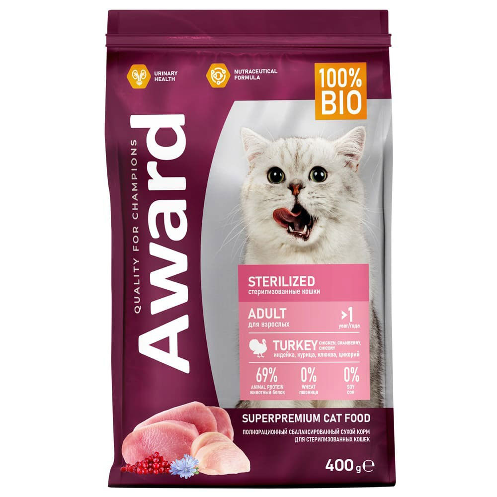 Сухой Корм Award (Эвард) Sterilized Для Стерилизованных Кошек Индейка и Курица 400г