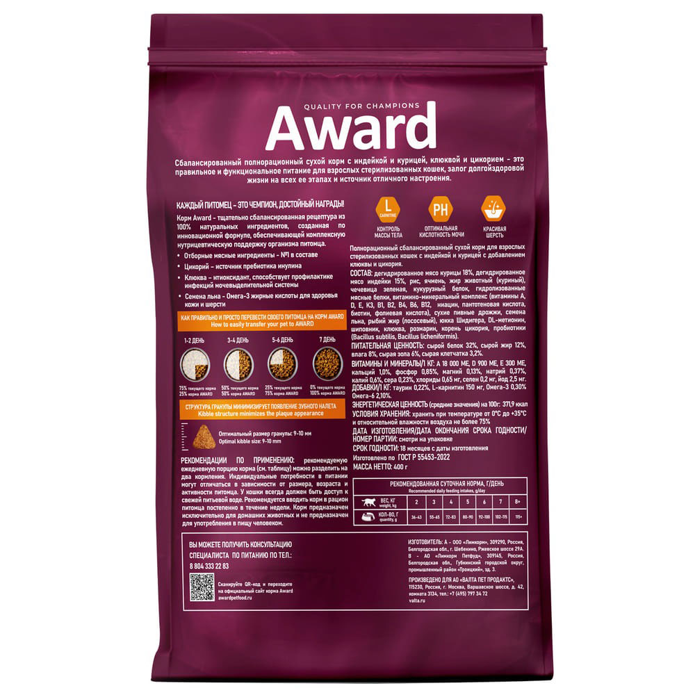 Сухой Корм Award (Эвард) Sterilized Для Стерилизованных Кошек Индейка и Курица 400г
