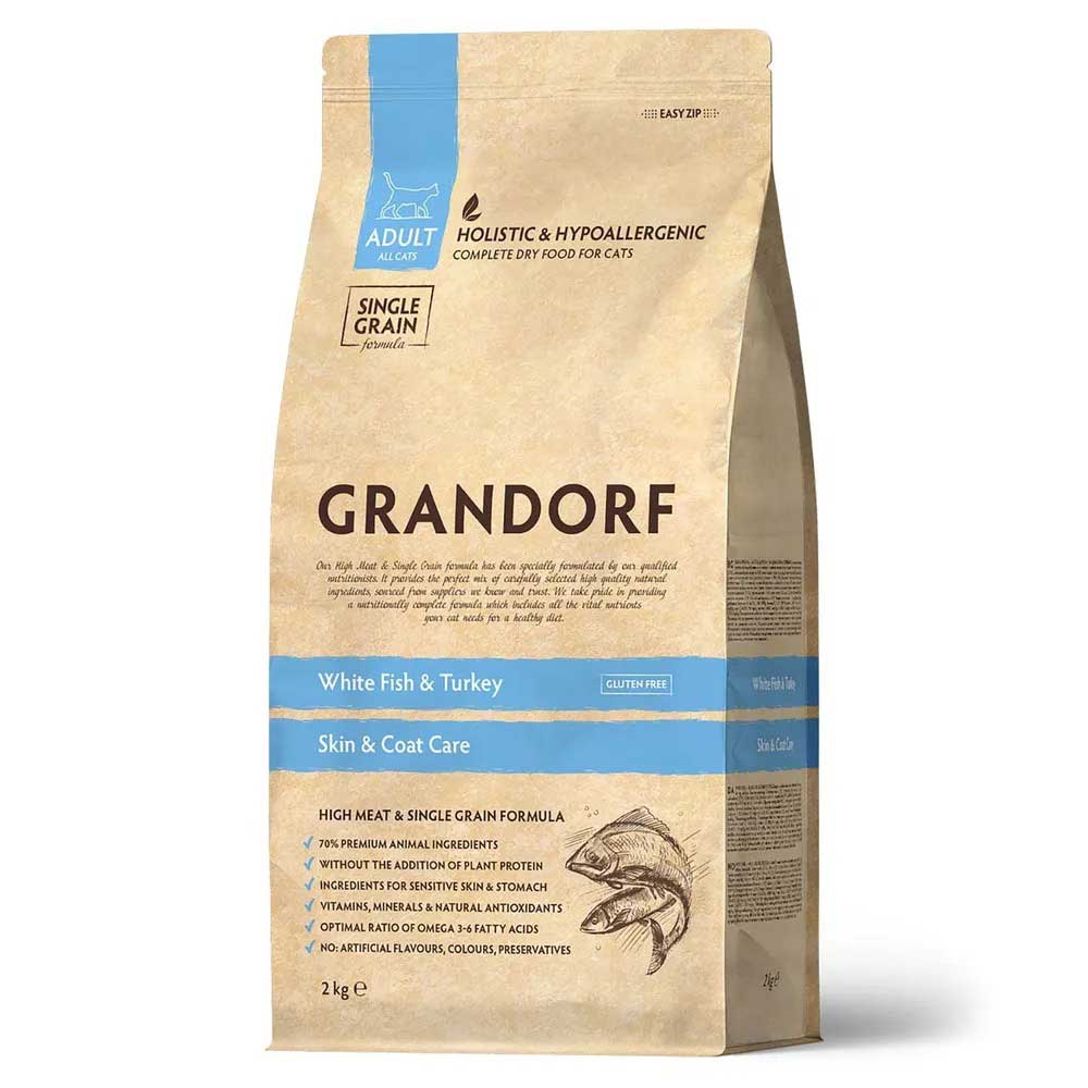 Сухой Корм Grandorf (Грэндорф) Cat Skin&Care White Fish&Turkey Для Кошек Забота о Коже и Шерсти Белая Рыба и Индейка 2кг 1263