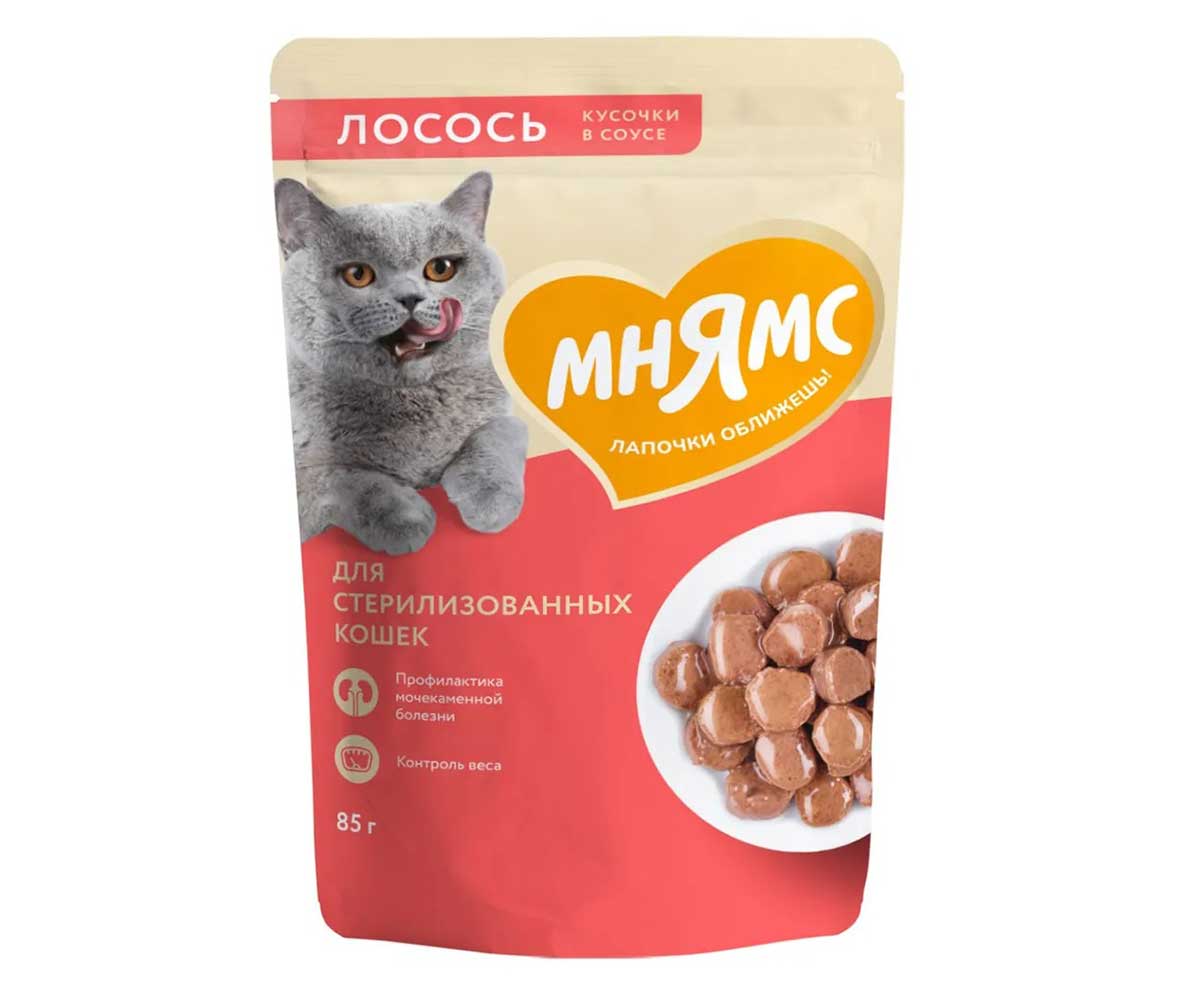 Влажный Корм Мнямс Для Стерилизованных Кошек Лосось Кусочки в Соусе 85г