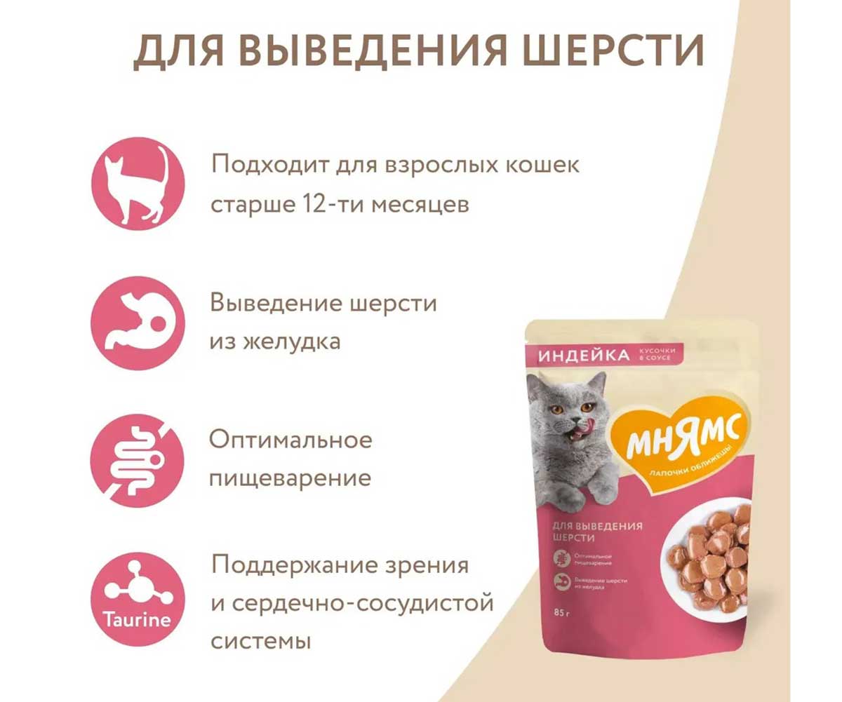 Влажный Корм Мнямс Для Кошек Для Выведения Шерсти Индейка Кусочки в Соусе 85г
