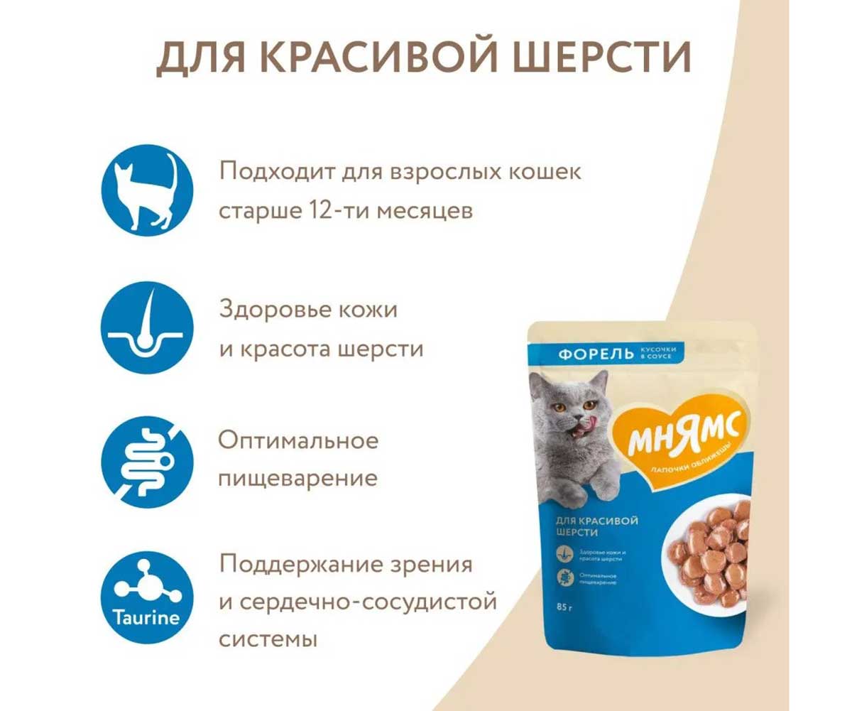 Влажный Корм Мнямс Для Кошек Для Красивой Шерсти Форель Кусочки в Соусе 85г