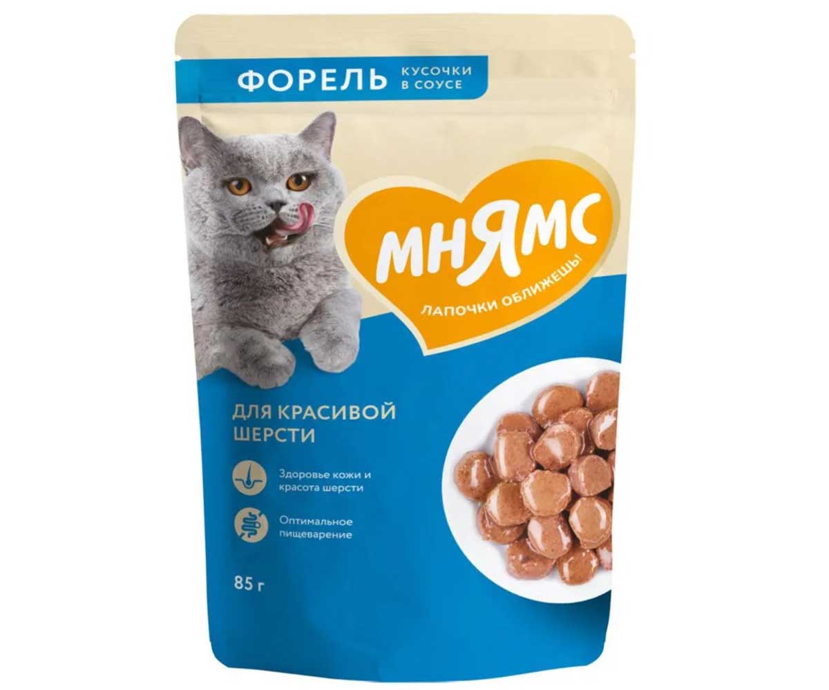 Влажный Корм Мнямс Для Кошек Для Красивой Шерсти Форель Кусочки в Соусе 85г