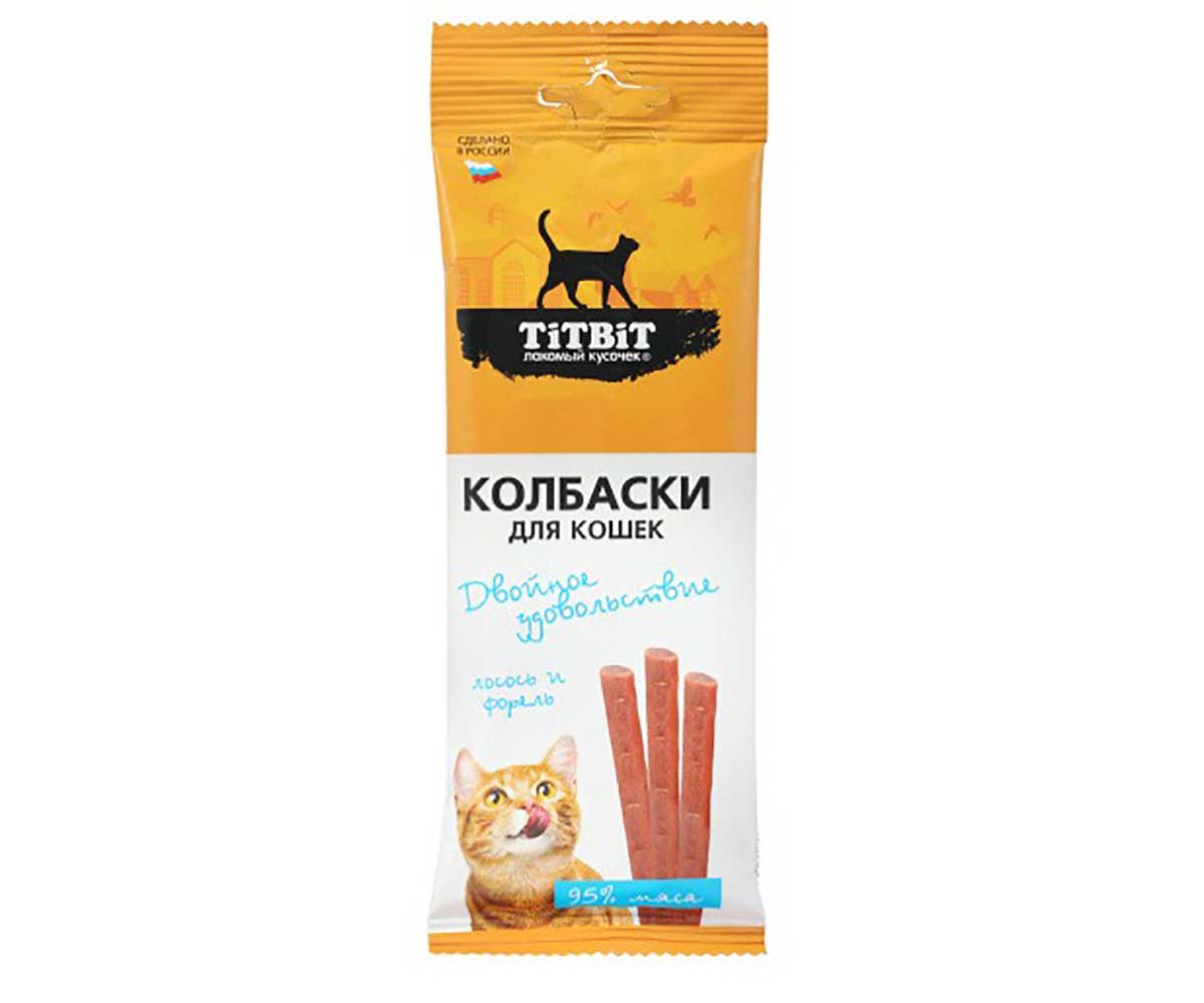 Лакомство TiTBiT (Титбит) Колбаски Для Кошек Двойное Удовольствие Лосось и Форель 45г 026366