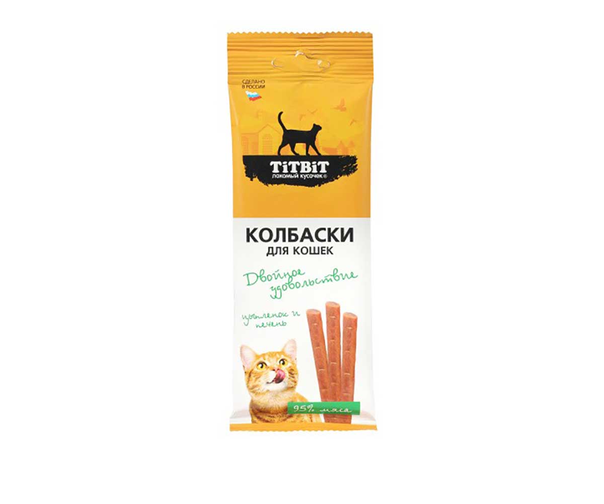 Лакомство TiTBiT (Титбит) Колбаски Для Кошек Двойное Удовольствие Цыпленок и Печень 45г 026373