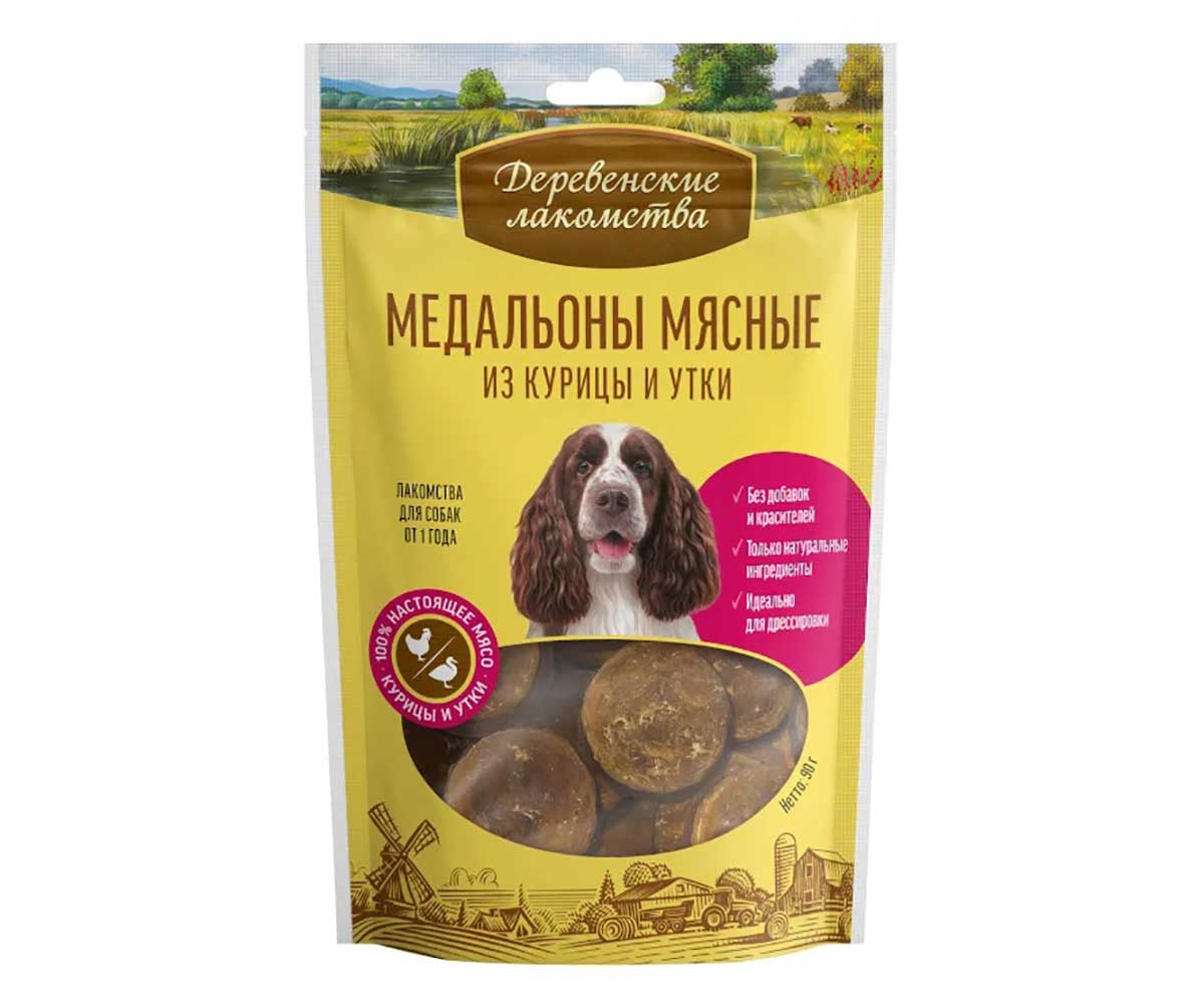 Лакомство Деревенские Лакомства Для Собак Медальоны Мясные Курица и Утка 90г 79214925