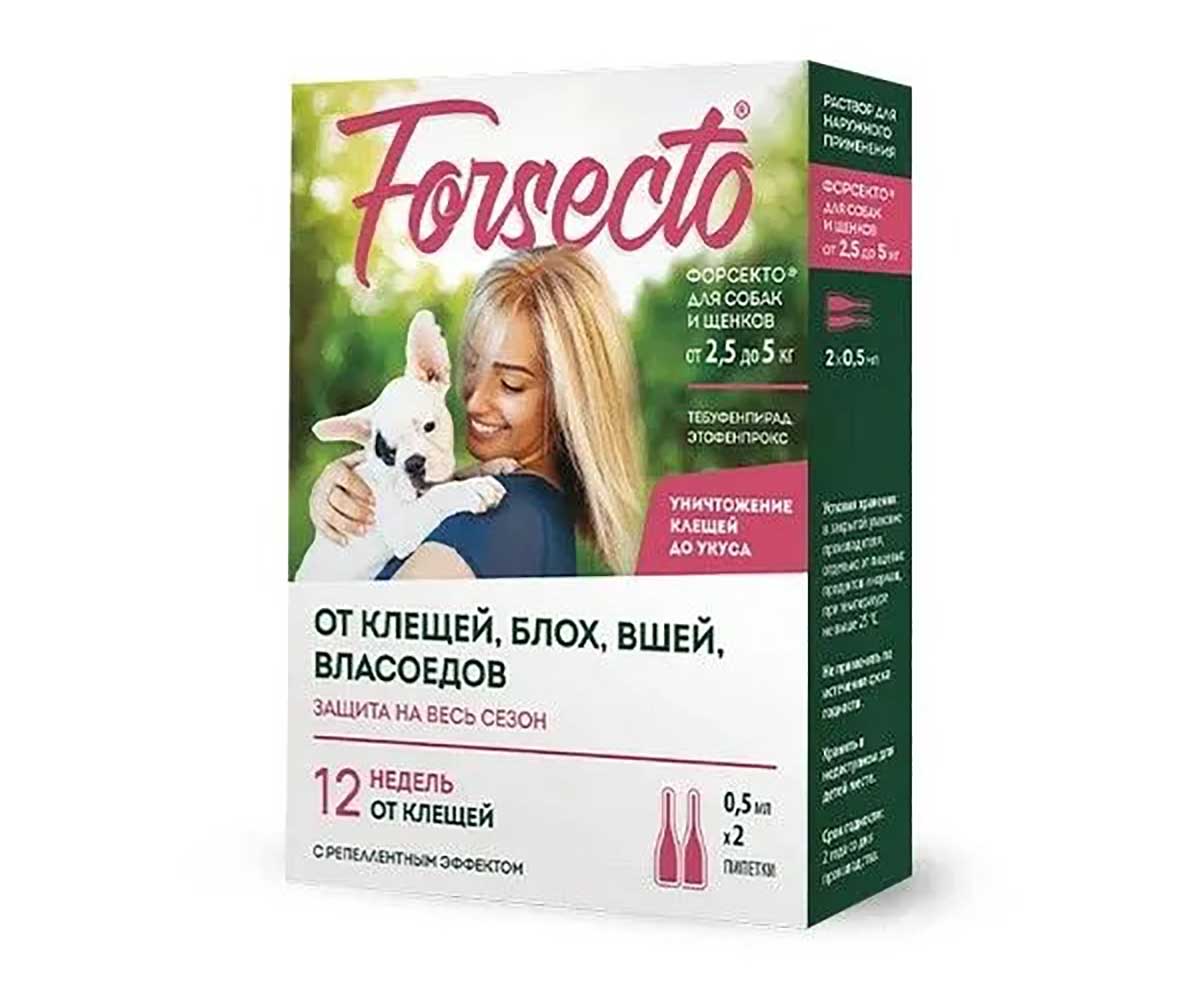 Forsecto (Форсекто) Капли От Клещей, Блох, Вшей и Власоедов Для Собак и Щенков От 2,5 До 5кг 0,5мл