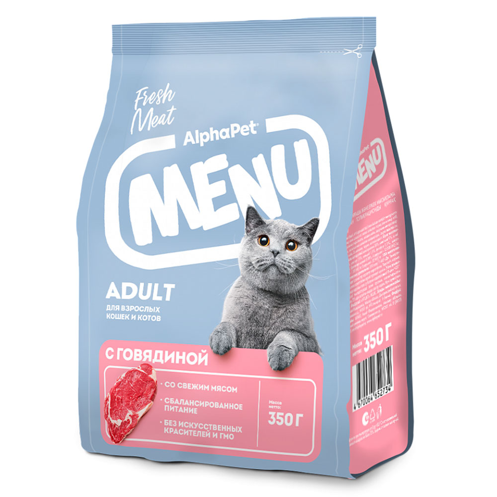 Сухой Корм Alphapet (Альфапет) Menu Adult Для Взрослых Кошек с Говядиной 350г 52734 (1*6)