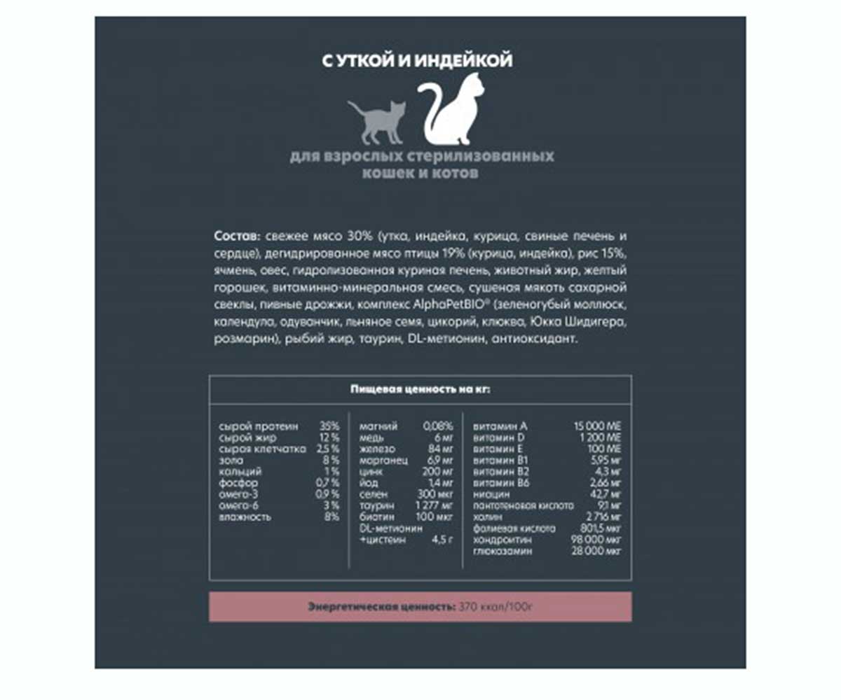 Сухой Корм Alphapet (Альфапет) Superpremium Для Стерилизованных Кошек Утка и Индейка 400г (1*14) 51690