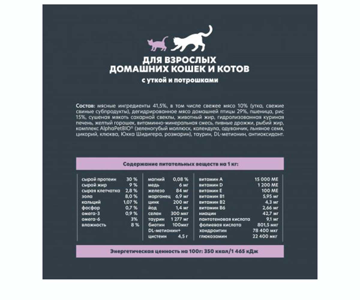 Сухой Корм Alphapet (Альфапет) Wow Для Кошек, Живущих Дома Утка и Потрошки Superpremium 350г (1*14) 51539