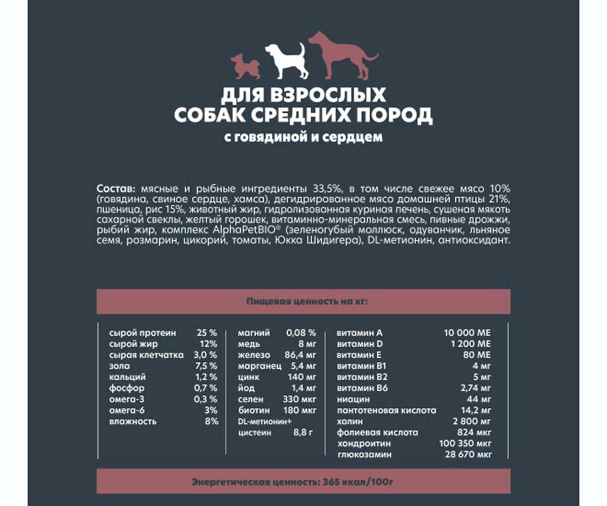 Сухой Корм Alphapet (Альфапет) Wow Superpremium Для Собак Средних Пород Говядина и Сердце 2кг (1*3) 51577