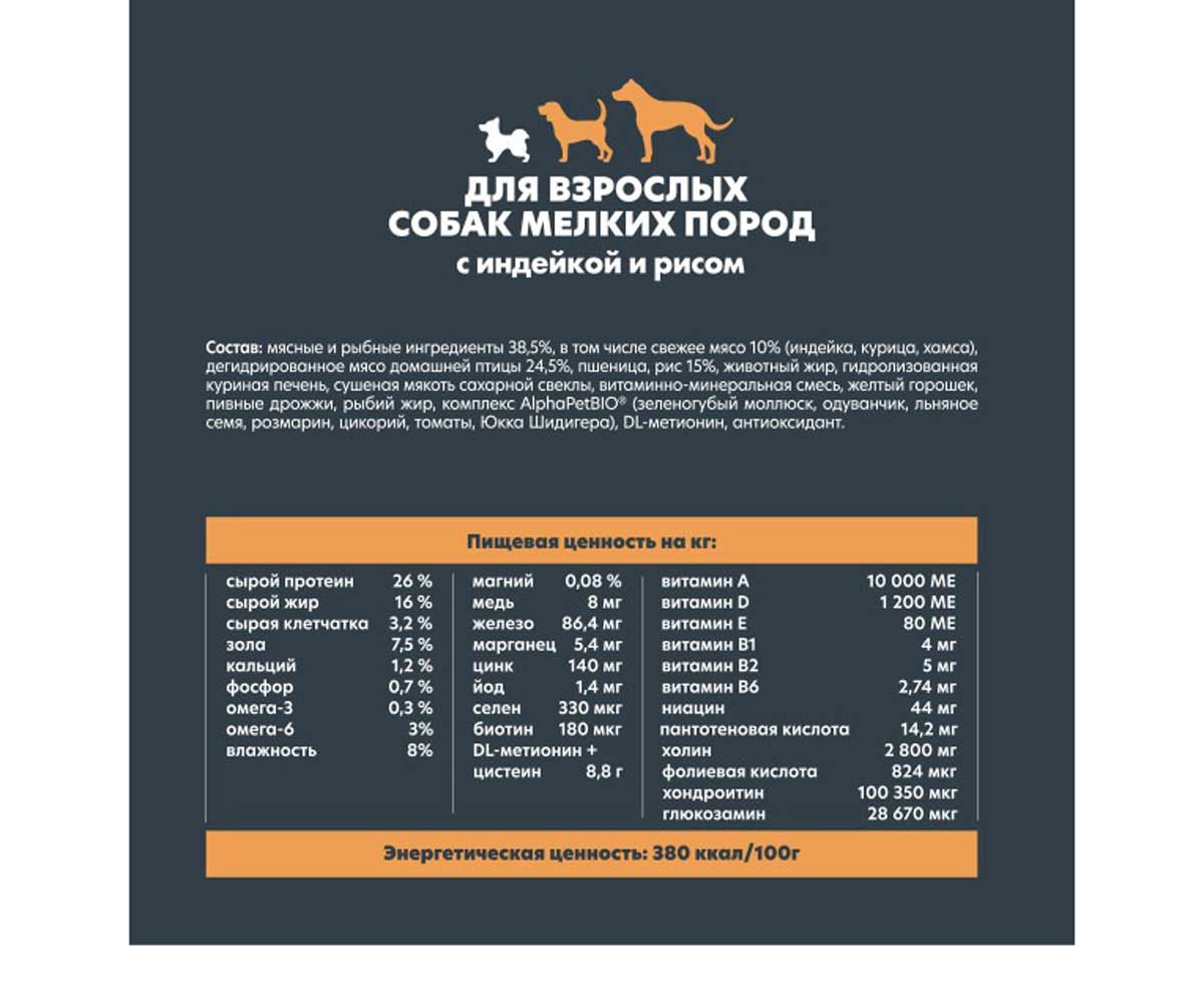 Сухой Корм Alphapet (Альфапет) Wow Superpremium Для Собак Мелких Пород Индейка и Рис 500г (1*14) 51379