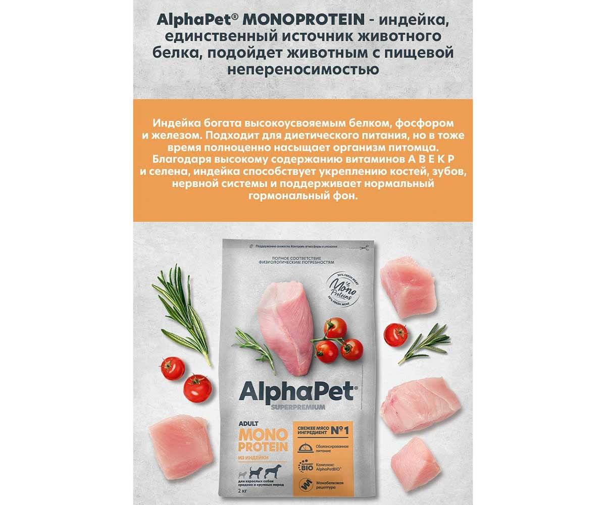 Сухой Корм Alphapet (Альфапет) Superpremium Monoprotein Для Собак Средних и Крупных Пород Индейка 2кг (1*3) 52673