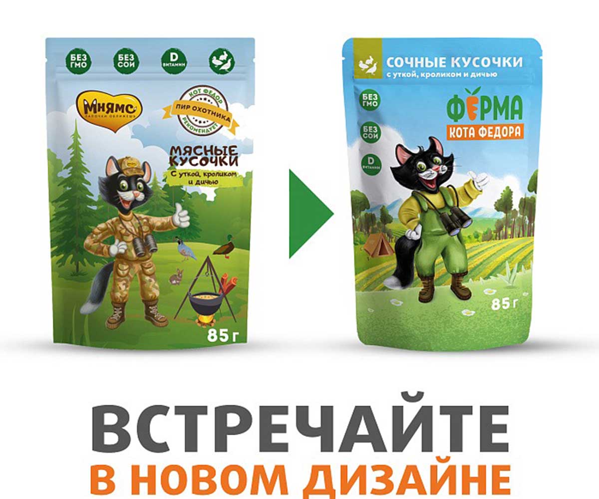 Влажный Корм Ферма Кота Фёдора Для Кошек Утка, Кролик и Дичь Мясные Кусочки 85г