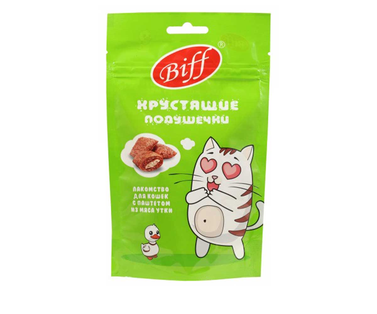 Лакомство Biff (Бифф) Для Кошек Хрустящие Подушечки с Паштетом Из Утки 60г 026670
