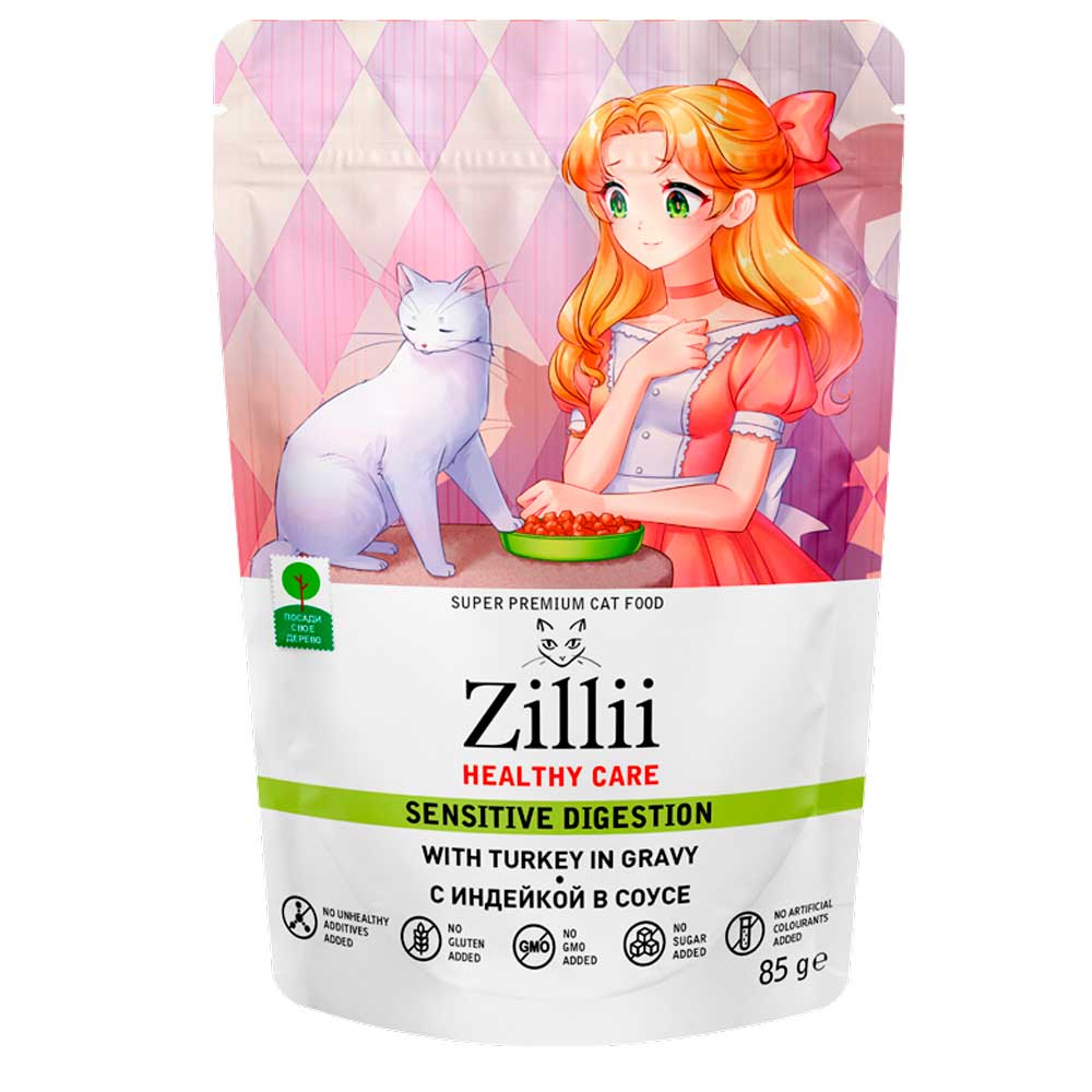 Влажный Корм Zillii (Зилли) Healthy Care Sensitive Digestion Для Кошек с Чувствительным Пищеварением  Индейка в Соусе 85г 565715