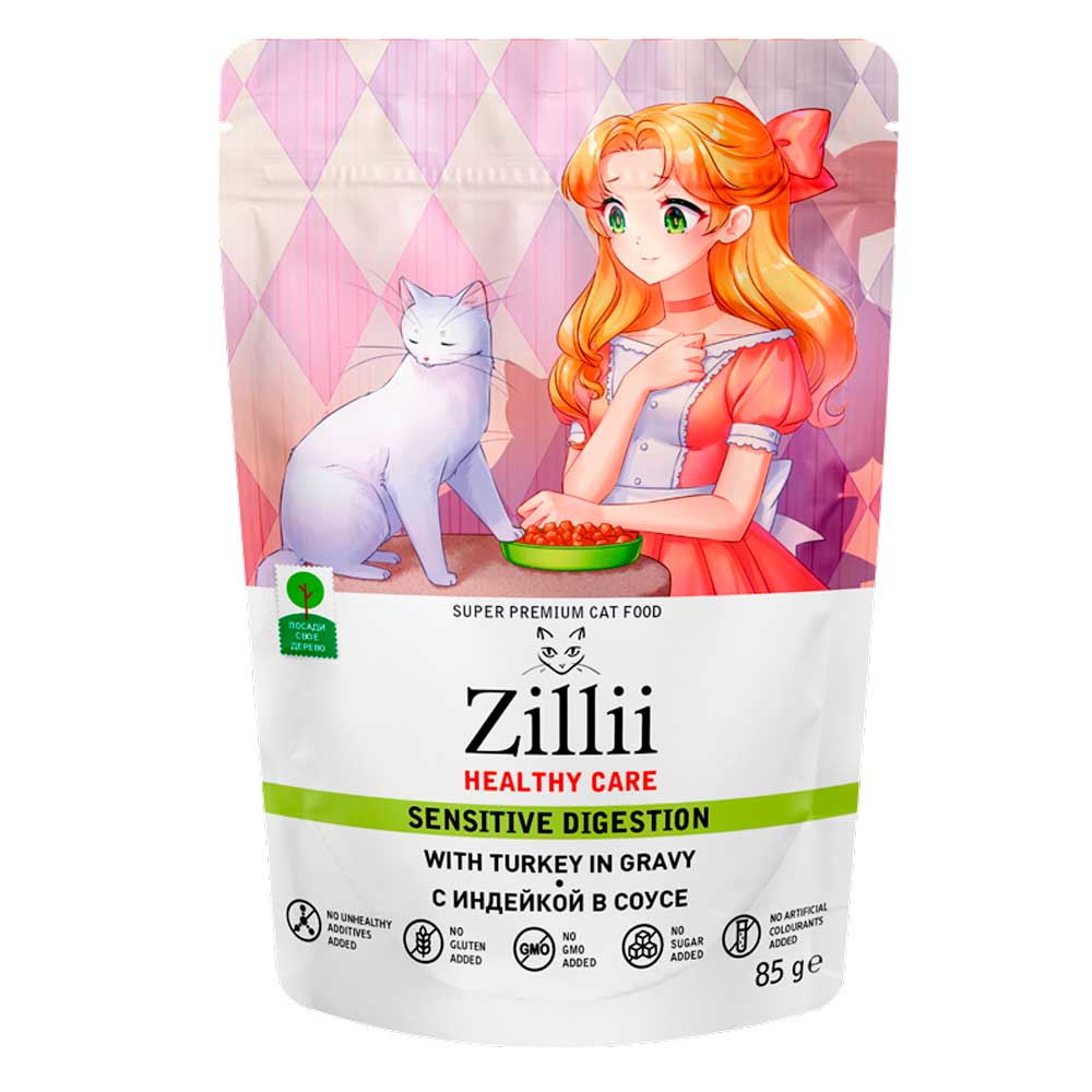 Влажный Корм Zillii (Зилли) Healthy Care Sensitive Digestion Для Кошек с Чувствительным Пищеварением  Индейка в Соусе 85г 565715