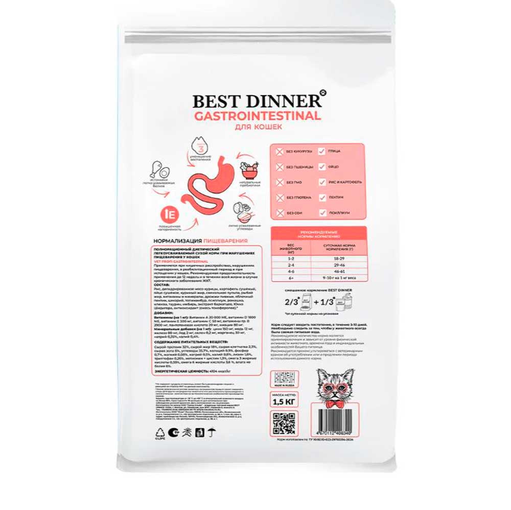 Сухой Корм Best Dinner (Бест Диннер) Для Кошек При Кишечных Расстройствах, Нарушениях Пищеварения, в Реабилитационный Период и При Истощении 1,5кг 75101