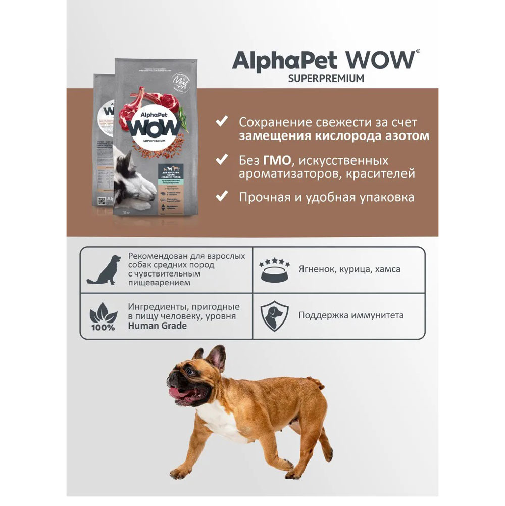 Сухой Корм Alphapet (Альфапет) Wow Superpremium Для Собак Средних Пород с Чувствительным Пищеварением Ягненок и Бурый Рис 2кг (1*3) 51560