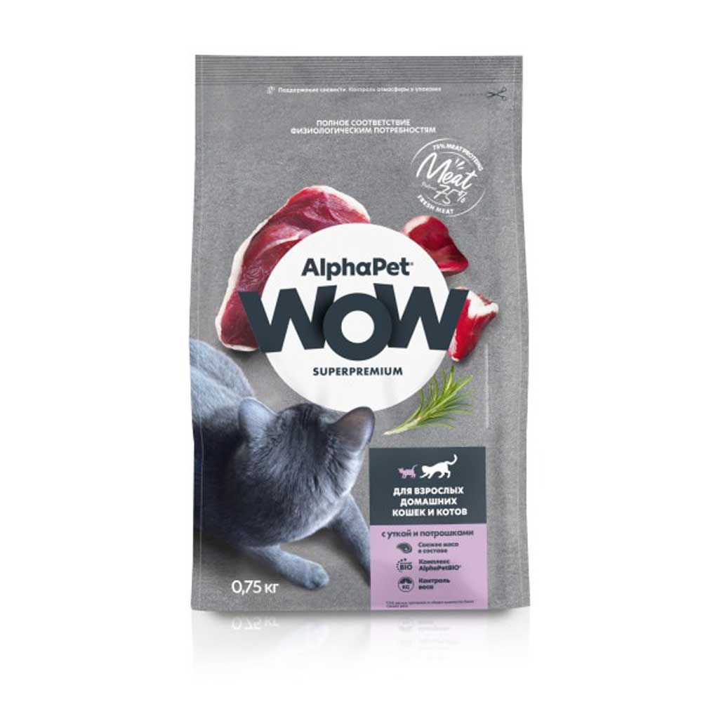 Сухой Корм Alphapet (Альфапет) Wow Superpremium Для Кошек Живущих Дома Утка и Потрошки 750г  50884