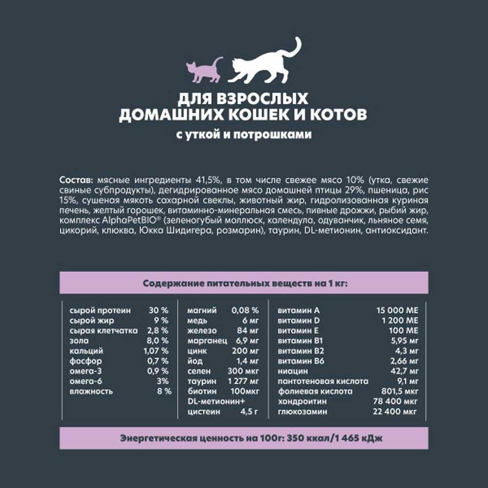 Сухой Корм Alphapet (Альфапет) Wow Superpremium Для Кошек Живущих Дома Утка и Потрошки 750г  50884