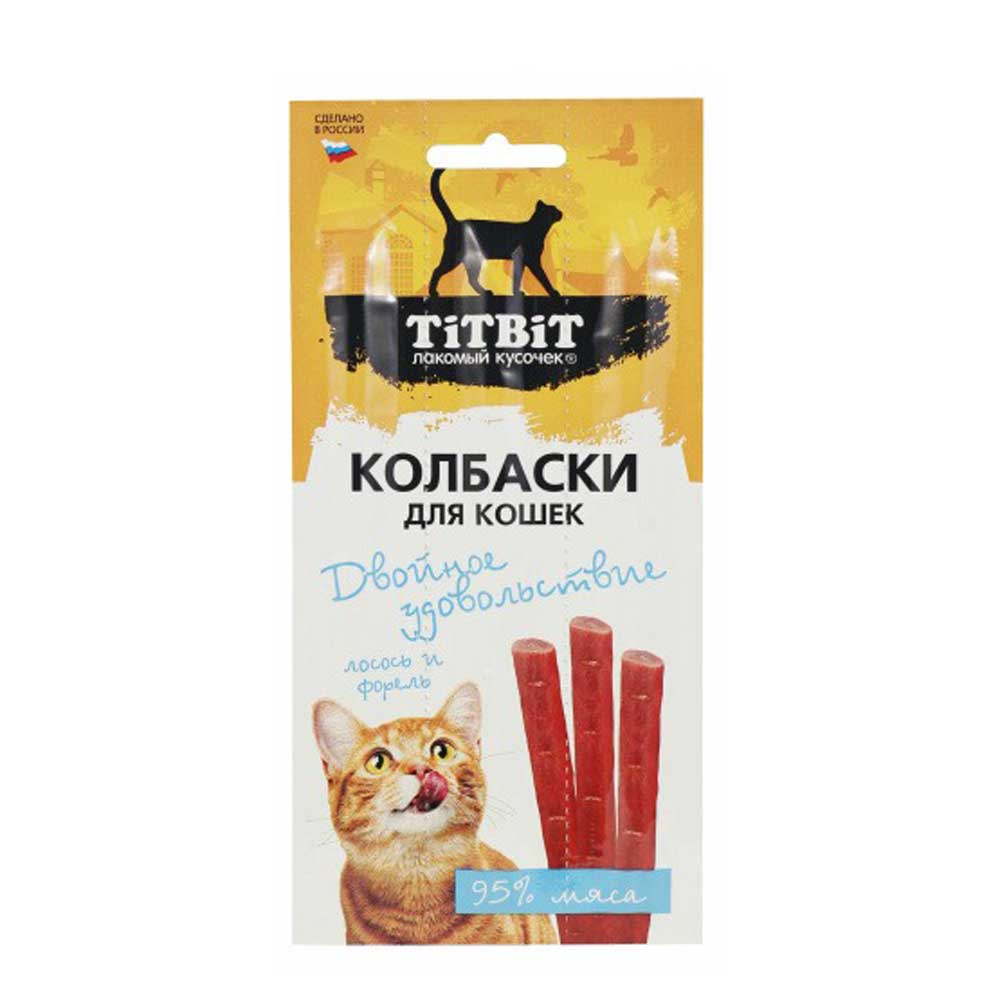 Лакомство TiTBiT Для Кошек Колбаски Двойное Удовольствие с Лососем и Форелью 15г