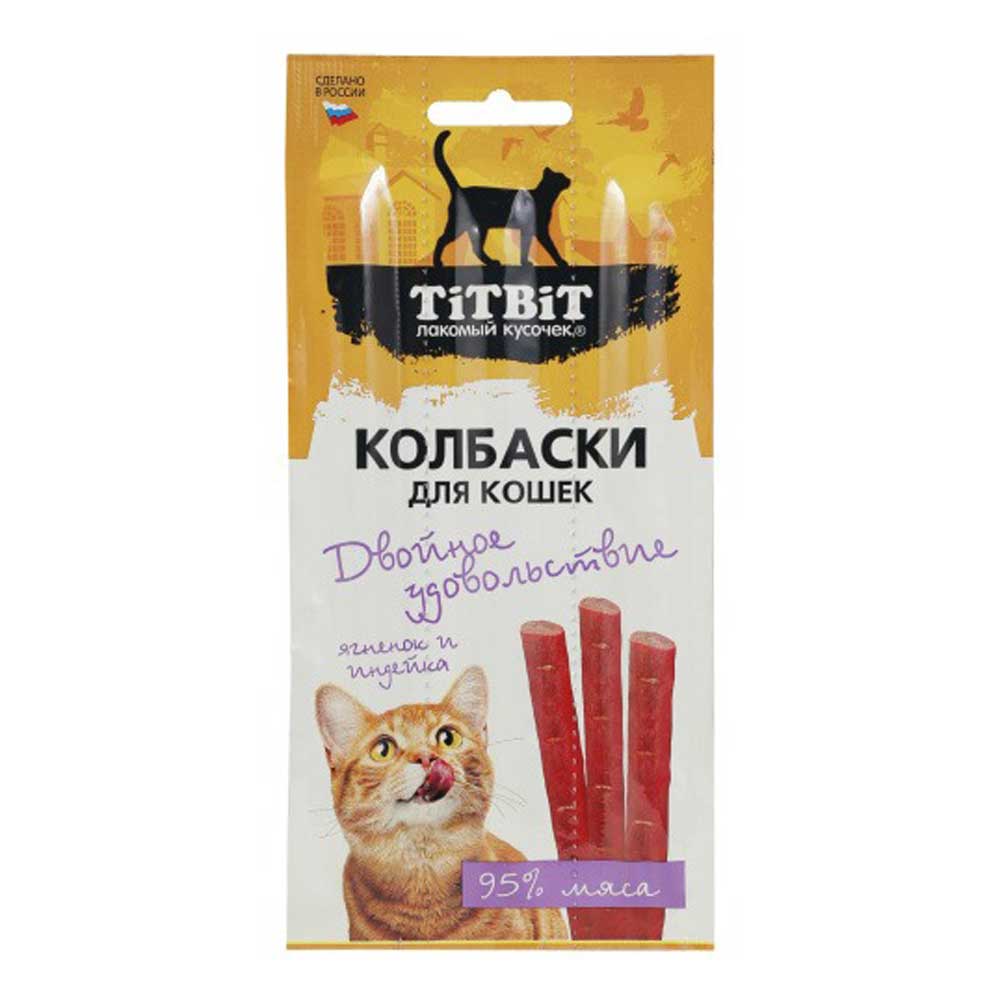 Лакоство TiTBit Для Кошек Колбаски Двойное Удовольствие с Ягненком и Индейкой 15г