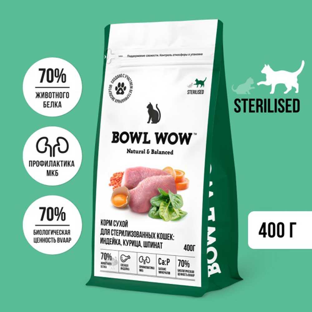 Сухой Корм Bowl Wow (Боул Вау) Для Стерилизованных Кошек Fresh Meat Индейка, Курица и Шпинат 400г