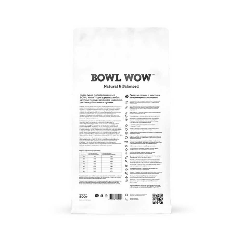 Сухой Корм Bowl Wow (Боул Вау) Для Собак Крупных Пород Fresh Meat Ягненок, Индейка, Рис и Цукини 800г
