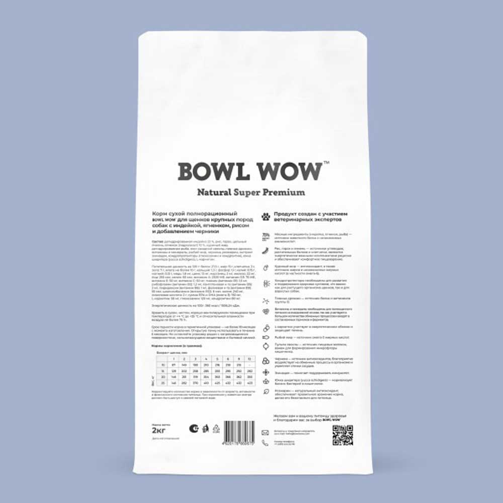 Сухой Корм Bowl Wow (Боул Вау) Для Щенков Крупных Пород Fresh Meat Ягненок, Индейка, Рис и Черника 2 Кг