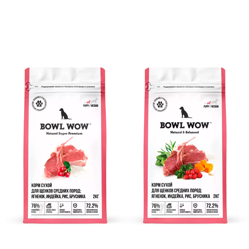 Сухой Корм Bowl Wow (Боул Вау) Для Щенков Средних Пород Fresh Meat Ягненок, Индейка, Рис и Брусника 800г