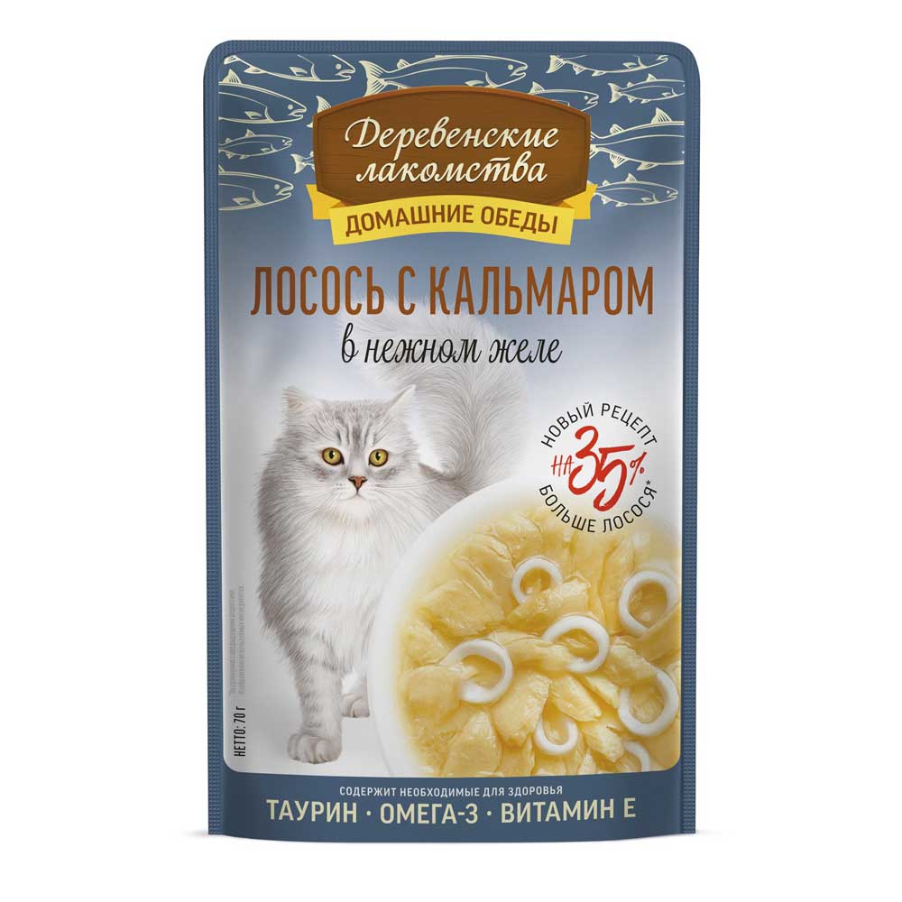 Влажный Корм Для Кошек Деревенские Лакомства Лосось и Кальмар в Желе 70г 79218930