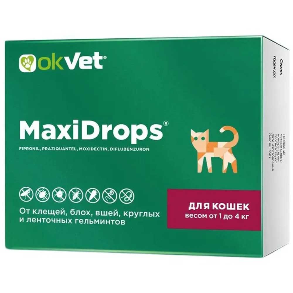 Максидропс Okvet (Оквет) От Клещей, Блох, Вшей и Гельминтов Для Кошек  Вес От 1 До 4кг Ab1910