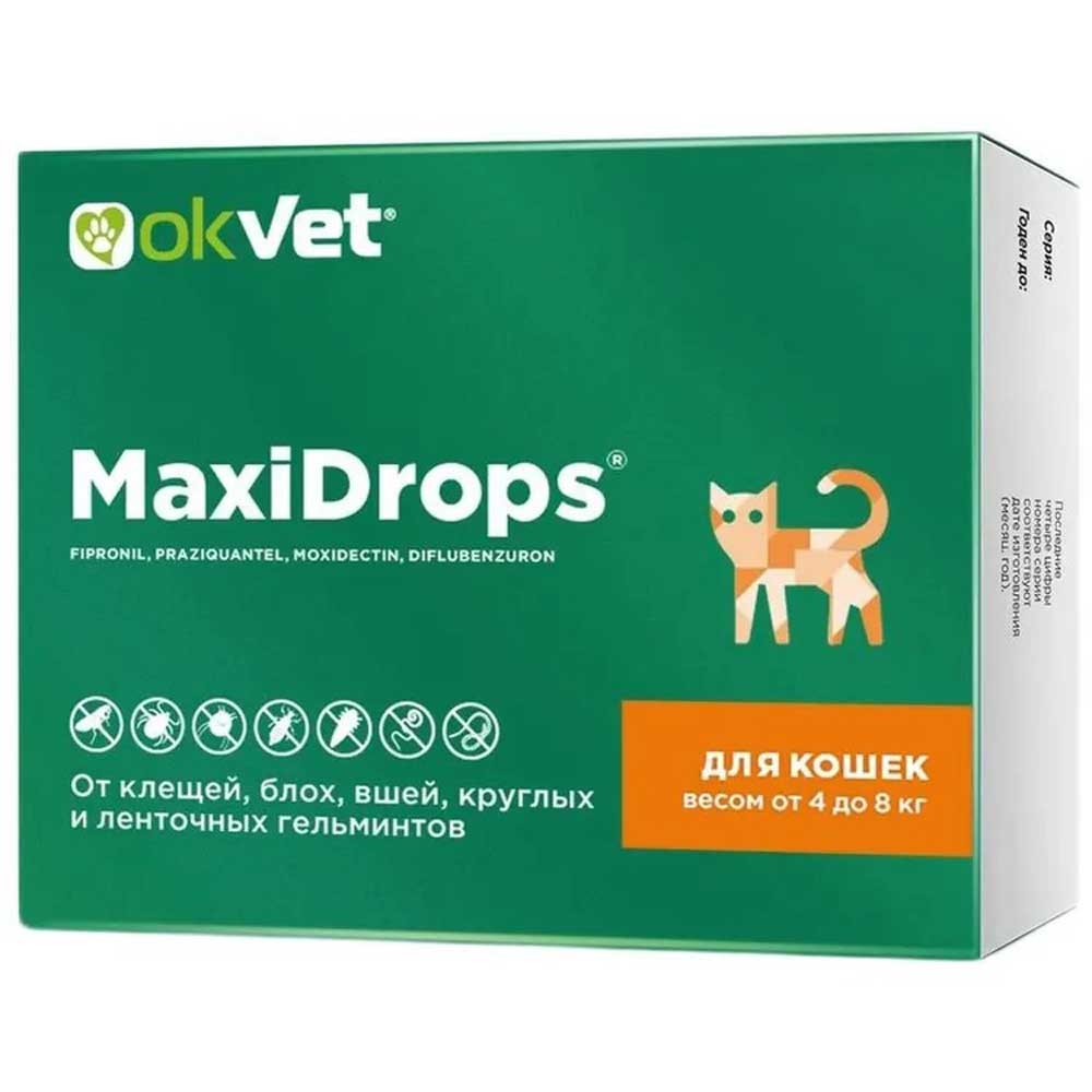 Максидропс Okvet (Оквет) От Клещей, Блох, Вшей и Гельминтов Для Кошек Вес От 4 До 8кг Ab1911