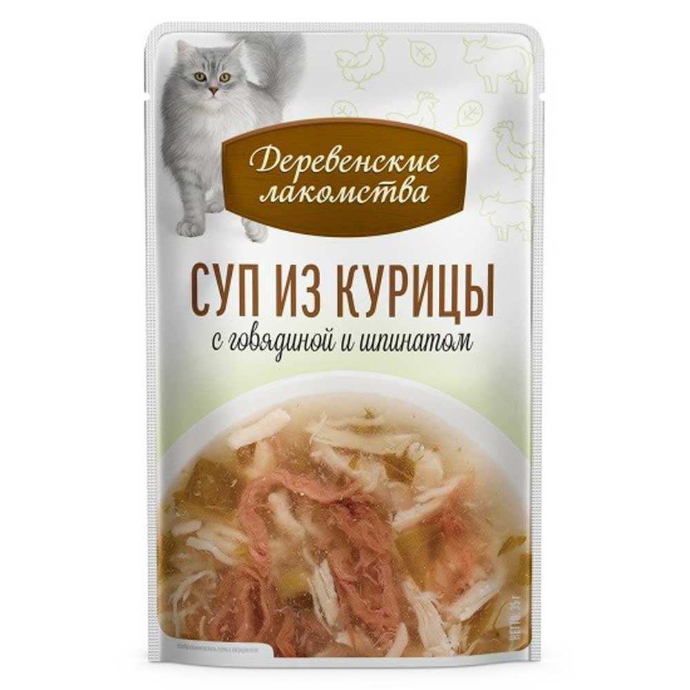 Влажный Корм Деревенские Лакомства  Для Кошек Суп Курица, Говядина и Шпинат 35г*4шт 76051127