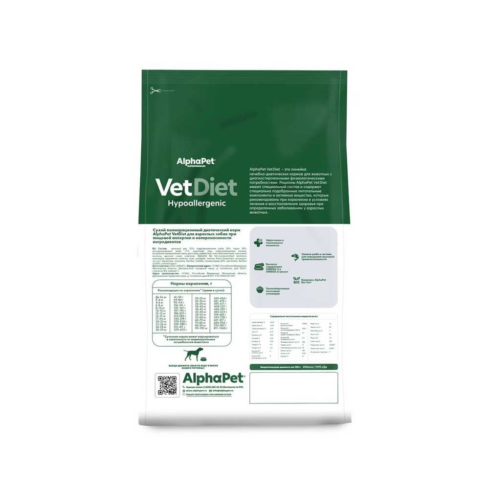 Сухой Корм Alphapet (Альфапет) Vetdiet Hypoallergenic Для Собак  При Пищевой Аллергии 2кг 55124