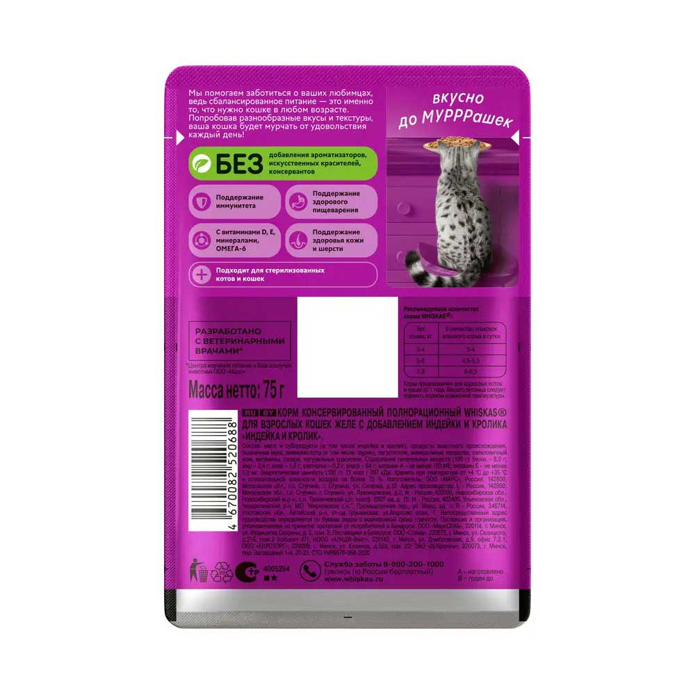 Влажный Корм Whiskas (Вискас) Для Кошек Индейка и Кролик в Желе 75г