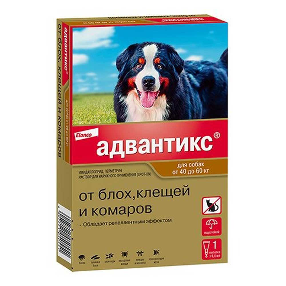 Адвантикс Капли На Холку Для Защиты От Блох, Иксодовых Клещей и Летающих Насекомых и Переносимых Ими Заболеваний Для Собак 40-60кг 6мл 1шт Elanco (Эланко)