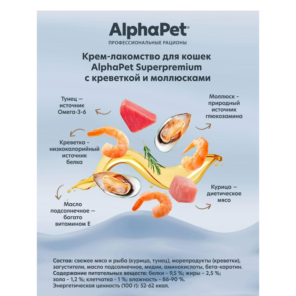 Лакомство Alphapet (Альфапет) Superpremium Для Кошек Крем Креветки и Моллюски 48г
