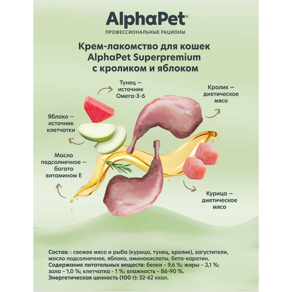 Лакомство Alphapet (Альфапет) Superpremium Для Кошек Крем Кролик и Яблоко 48г