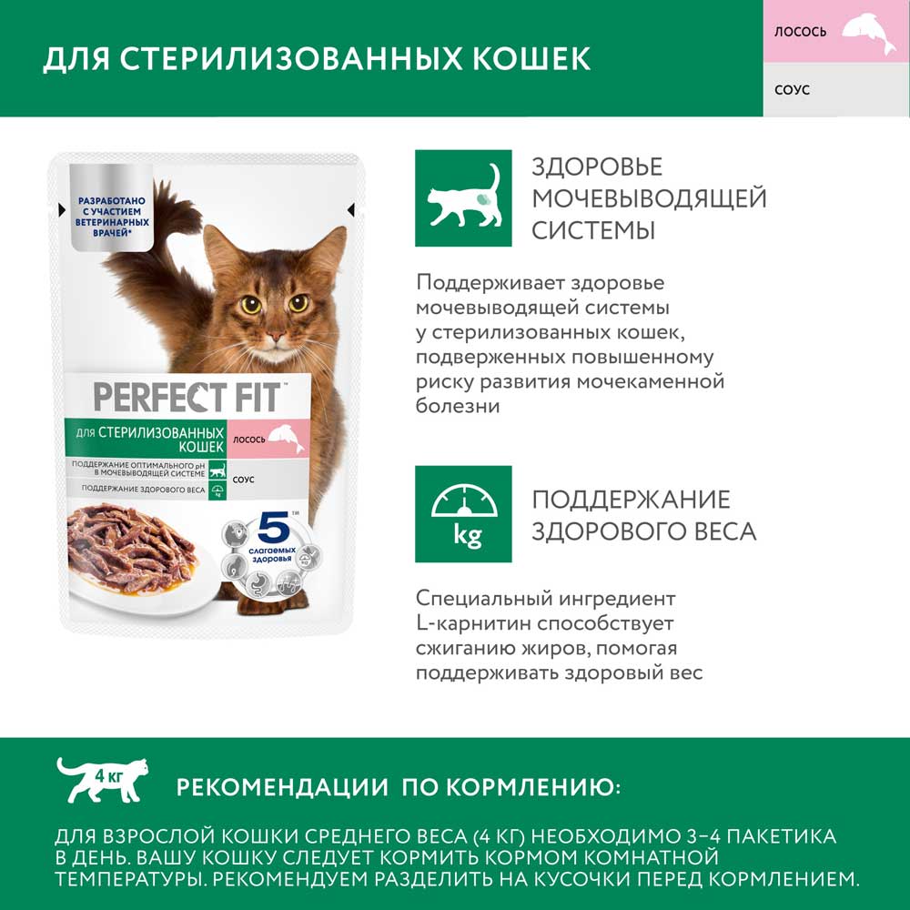Влажный Корм Perfect Fit (Перфект Фит) Для Стерилизованных Кошек Лосось в Соусе 75г