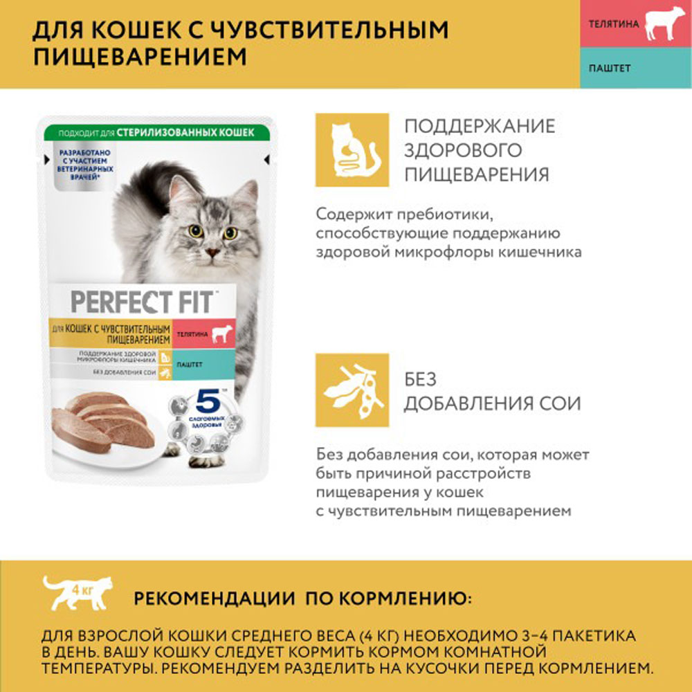 Корм Пауч для Кошек Perfect Fit 75г Соус Чувст Пищ Телятина